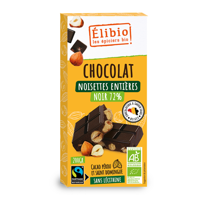 Tablette au chocolat noir 72% noisettes entières bio 200 gr Fabrication Belgique