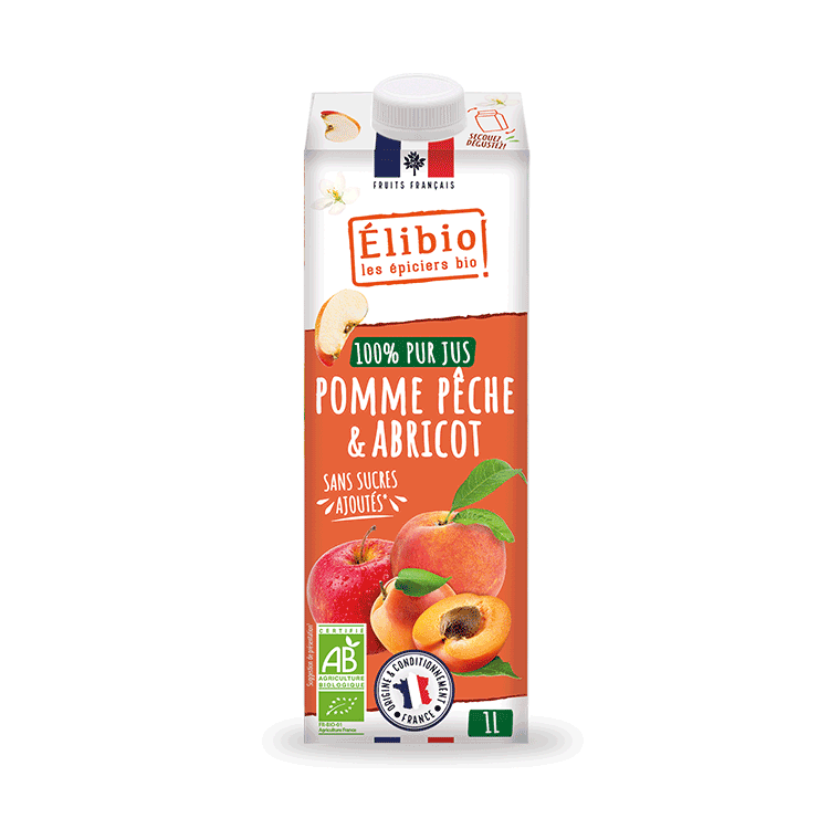 Jus de pommes, pêches et abricots français bio